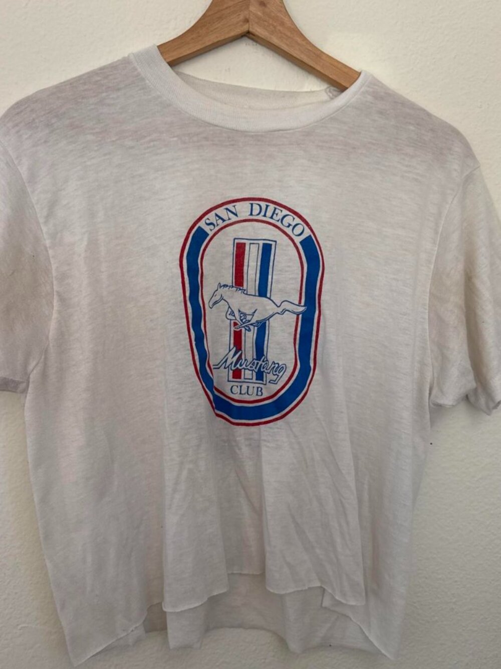 1970s Ford Mustang Club San Diego cropped white t-shirt with blue/red oval logo